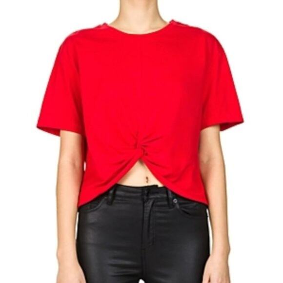 The Kooples Cropped Top Knot Twist Front Blouse Shirt Red Tee - Picture 1 of 7